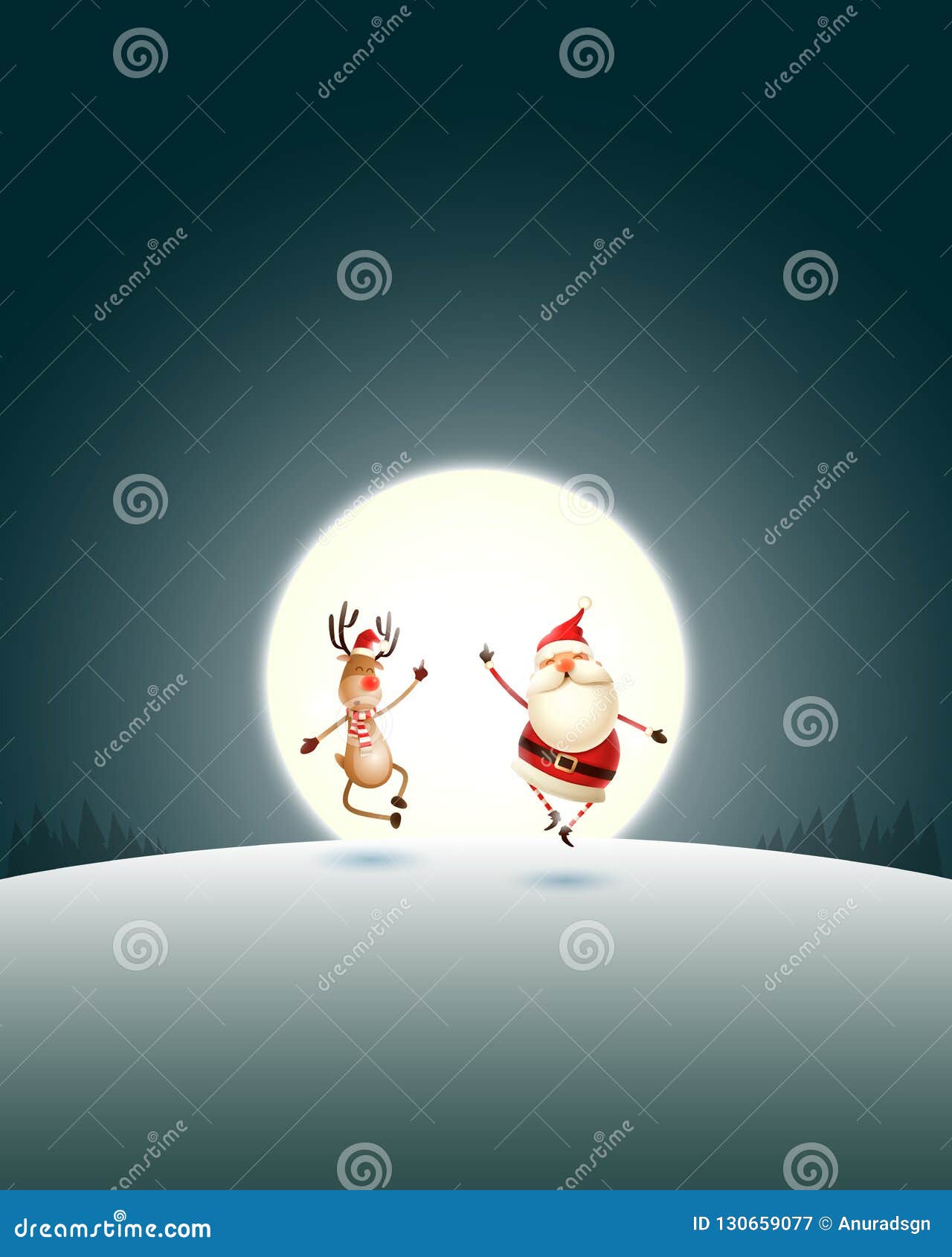 happy expresion of santa claus and reindeer on winter landscape with moonlight - christmas poster