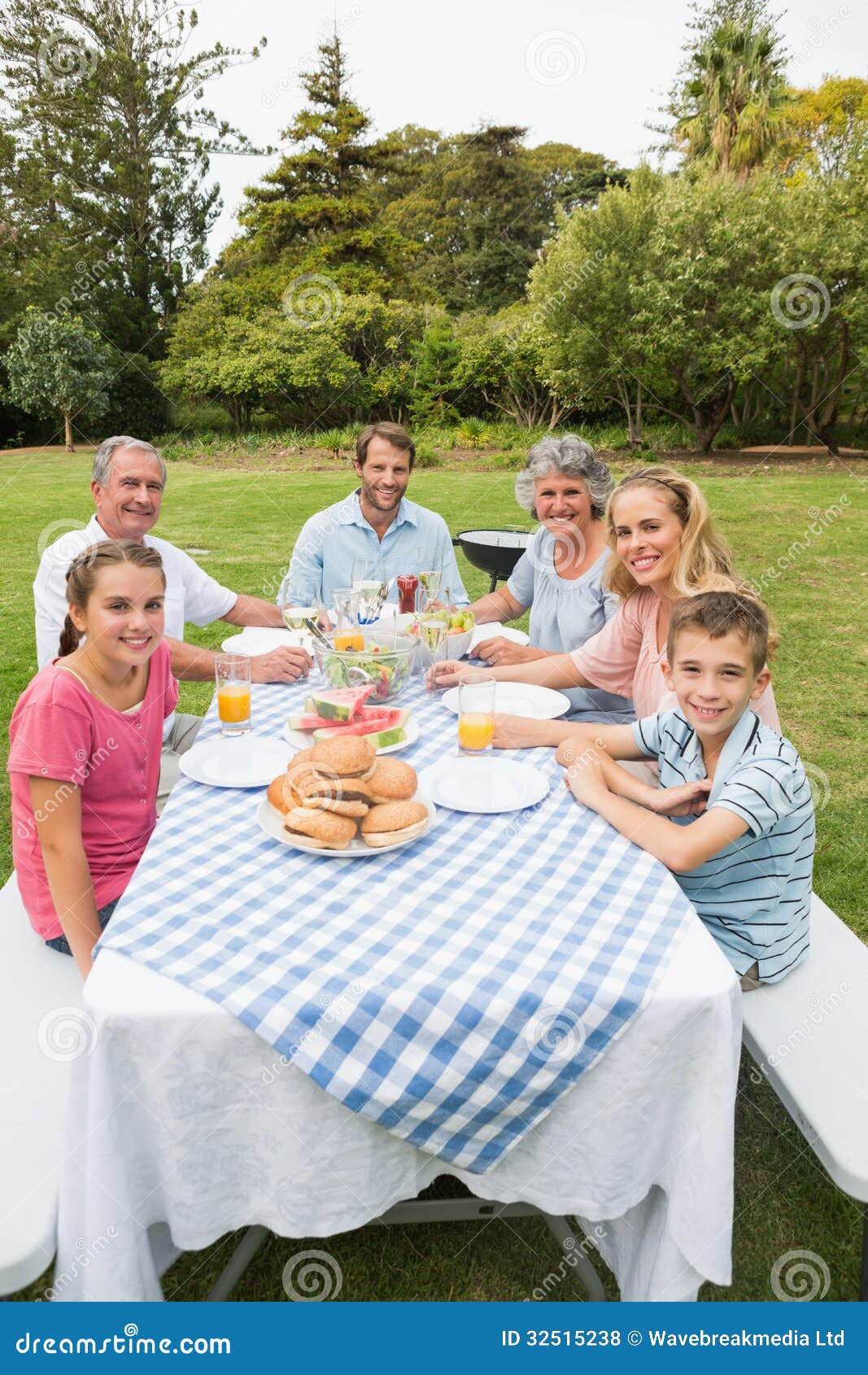 Happy Extended Family Having Dinner Outdoors at Picnic Table Stock