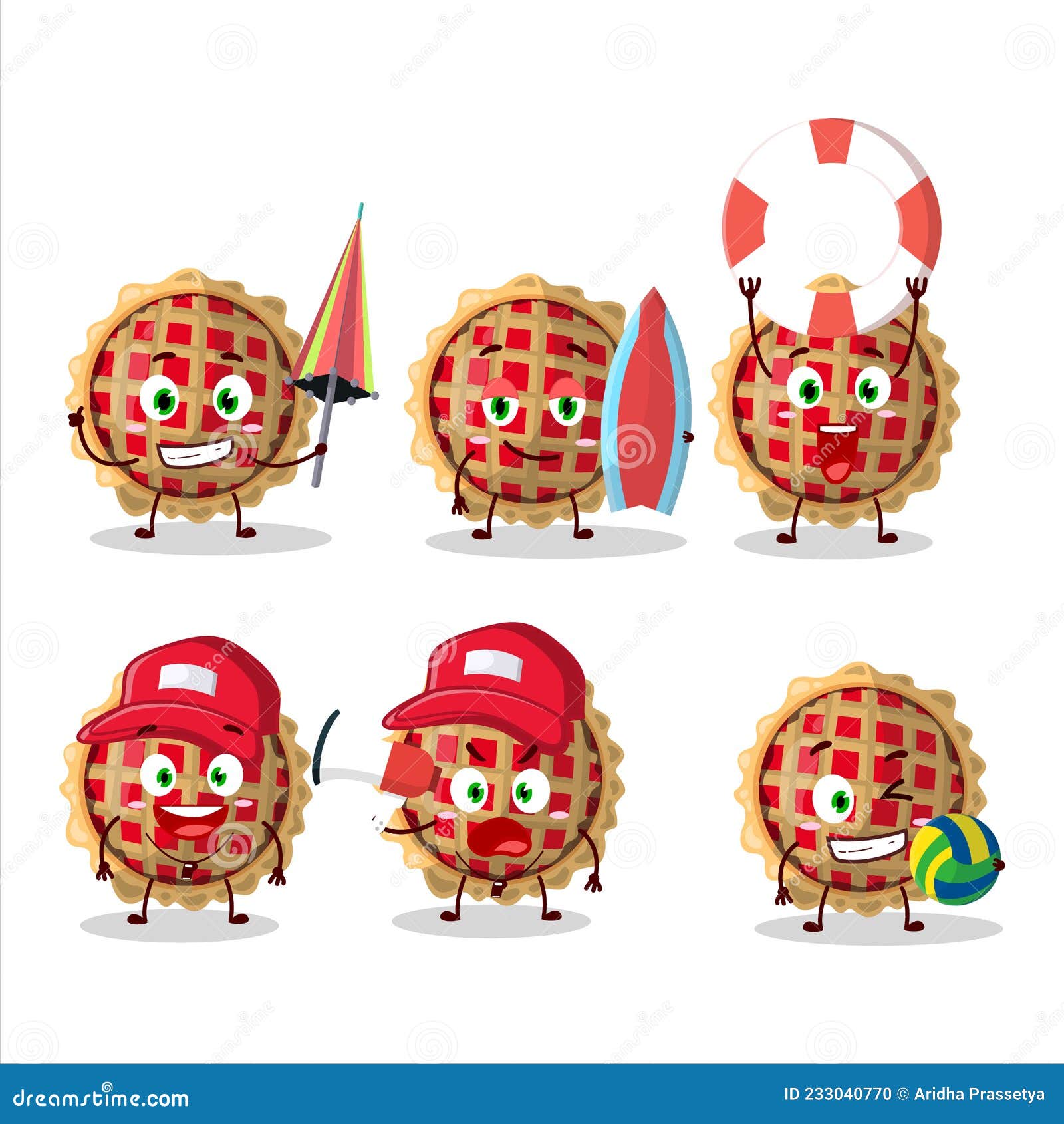Happy Face Apple Pie Cartoon Character Playing on a Beach Stock Vector
