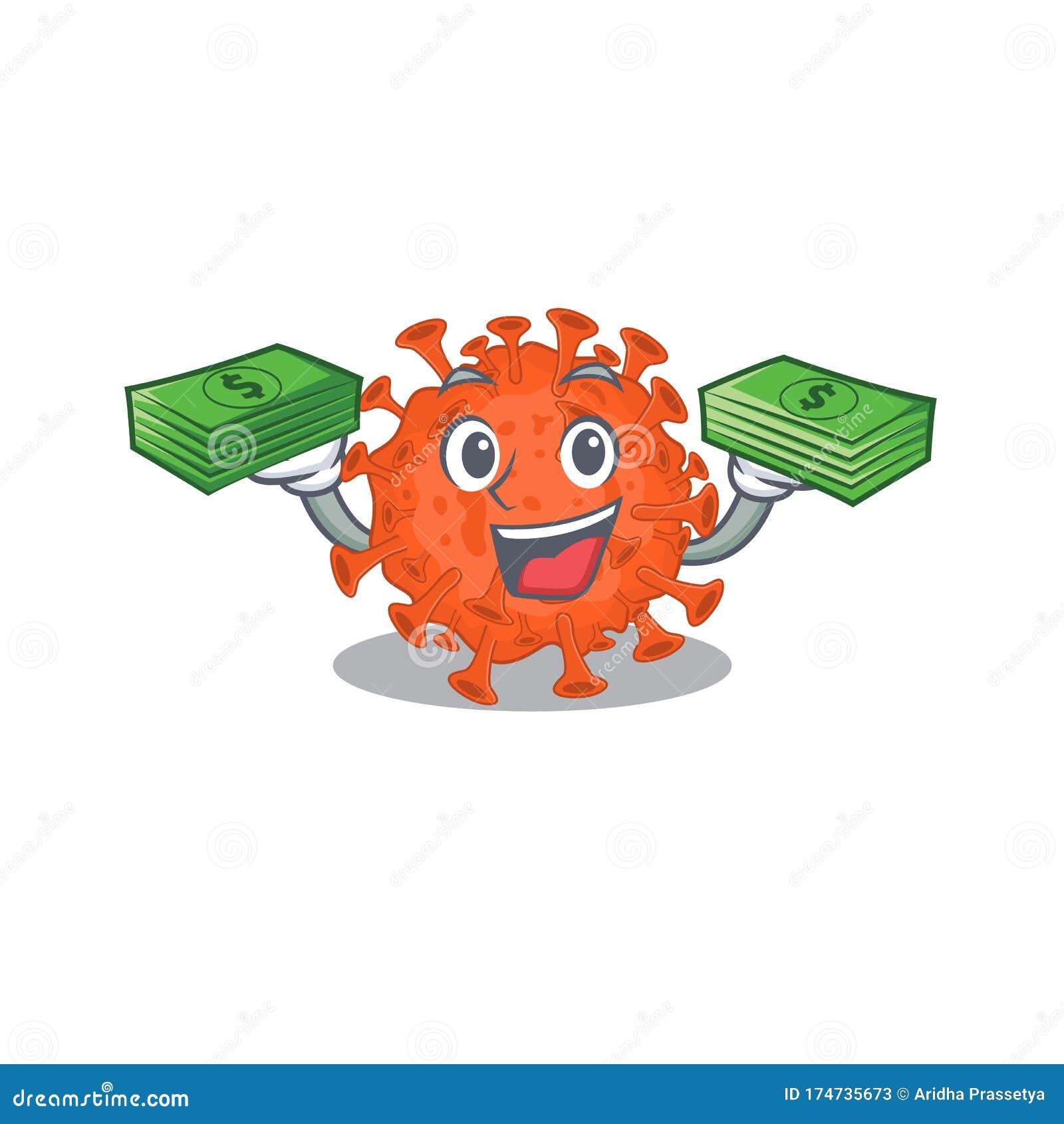 happy face electron microscope coronavirus character having money on hands