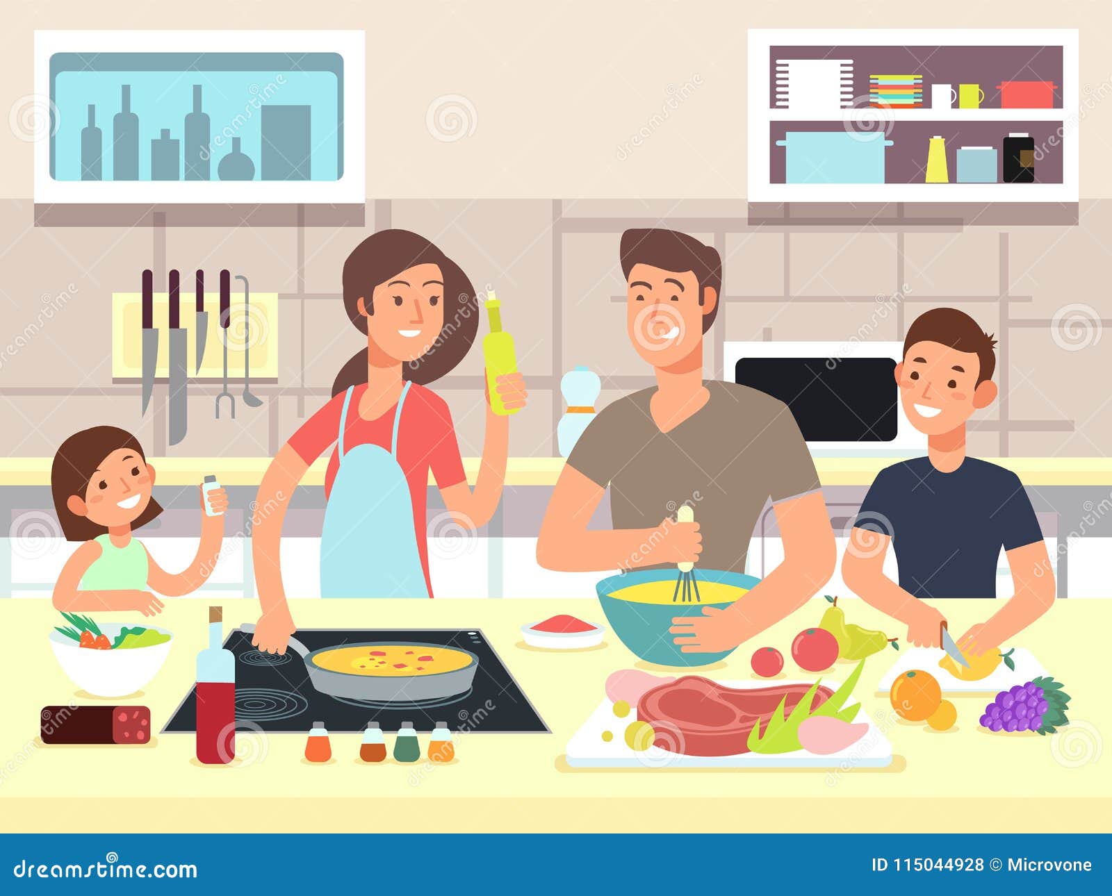 happy family cooking. mother and father with kids cook dishes in kitchen cartoon  