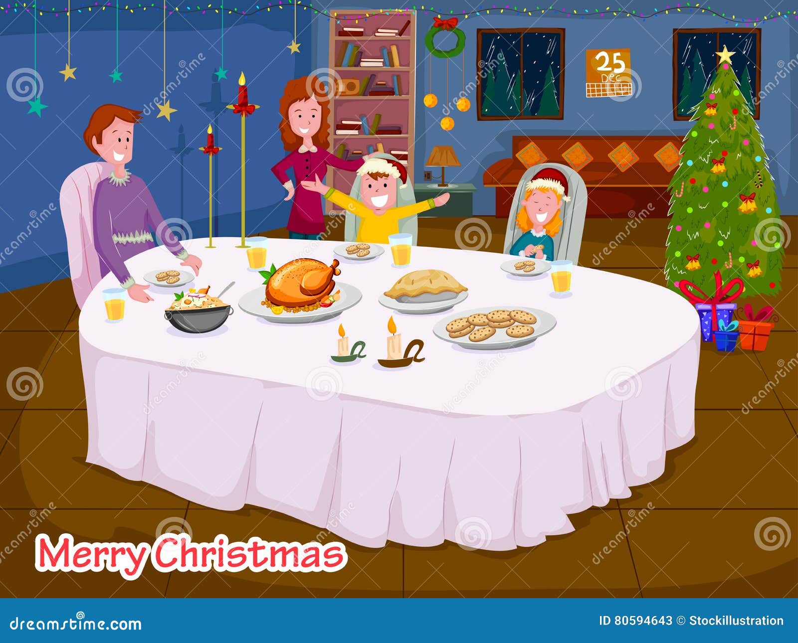 Happy Family Enjoying Meal at Dinner Table Celebrating Merry Christmas ...