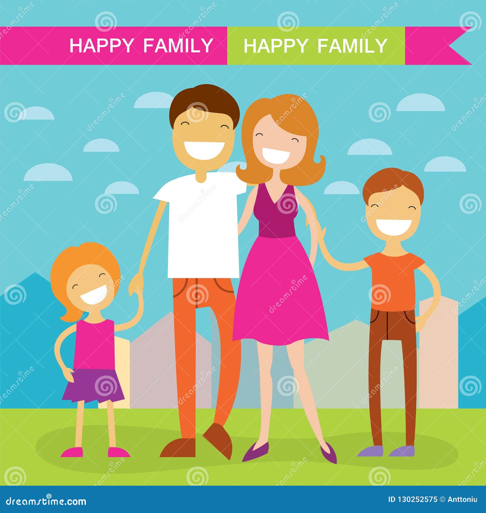 Happy Family of Four Members Parents,their Son and Daughter. Stock  Illustration - Illustration of ideal, female: 130252575