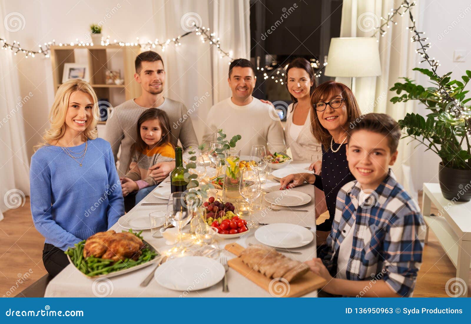 Happy Family Having Dinner Party at Home Stock Image - Image of home