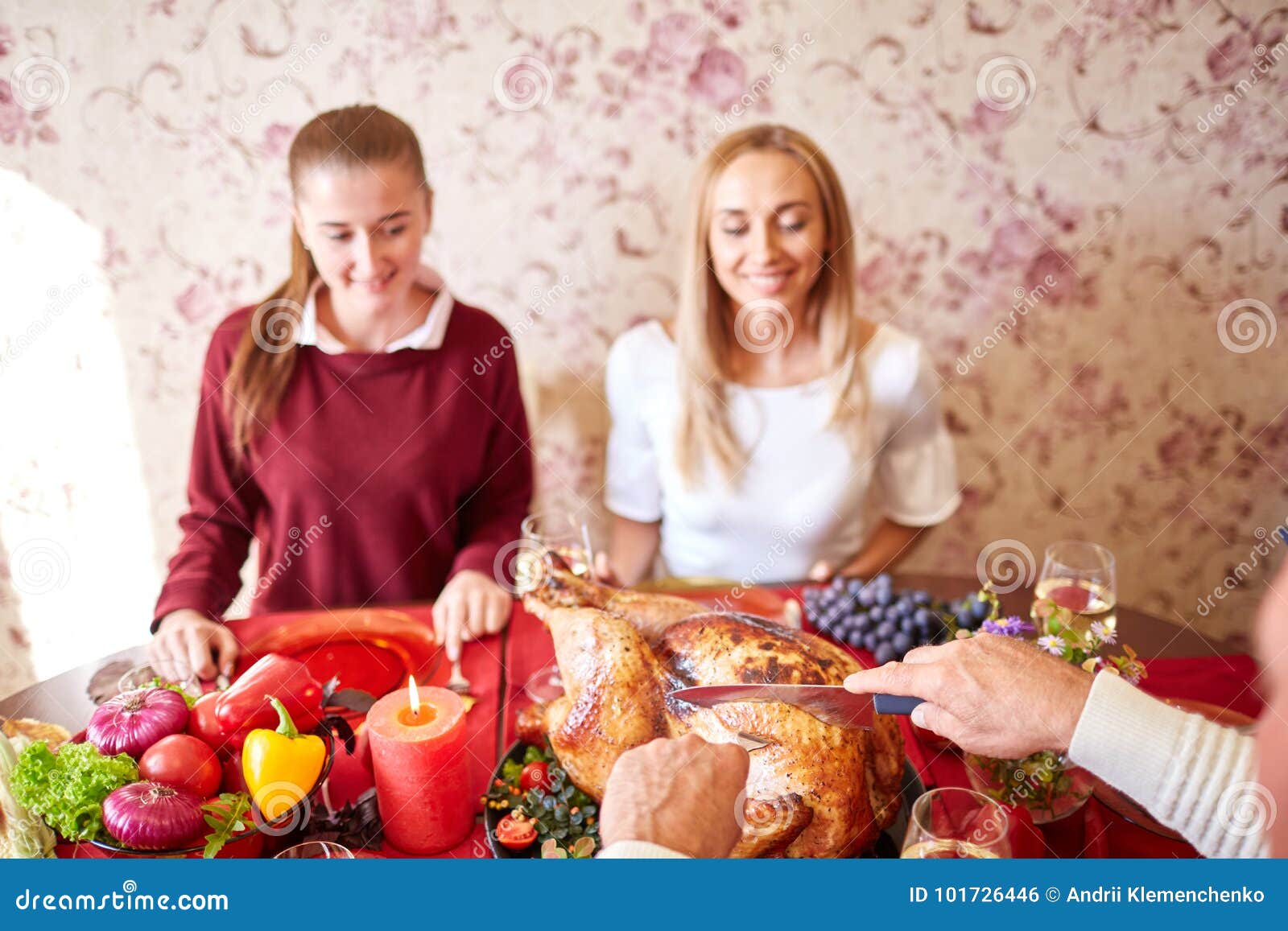 Happy Family Having Holiday Dinner at Home. Food Concept. Stock Photo