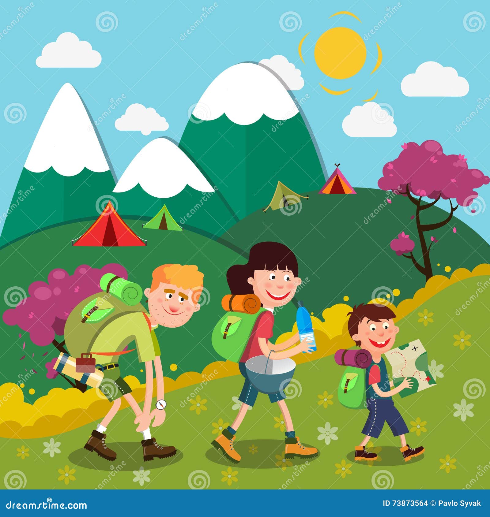 Happy Family Hiking on the Mountains Stock Vector - Illustration of ...
