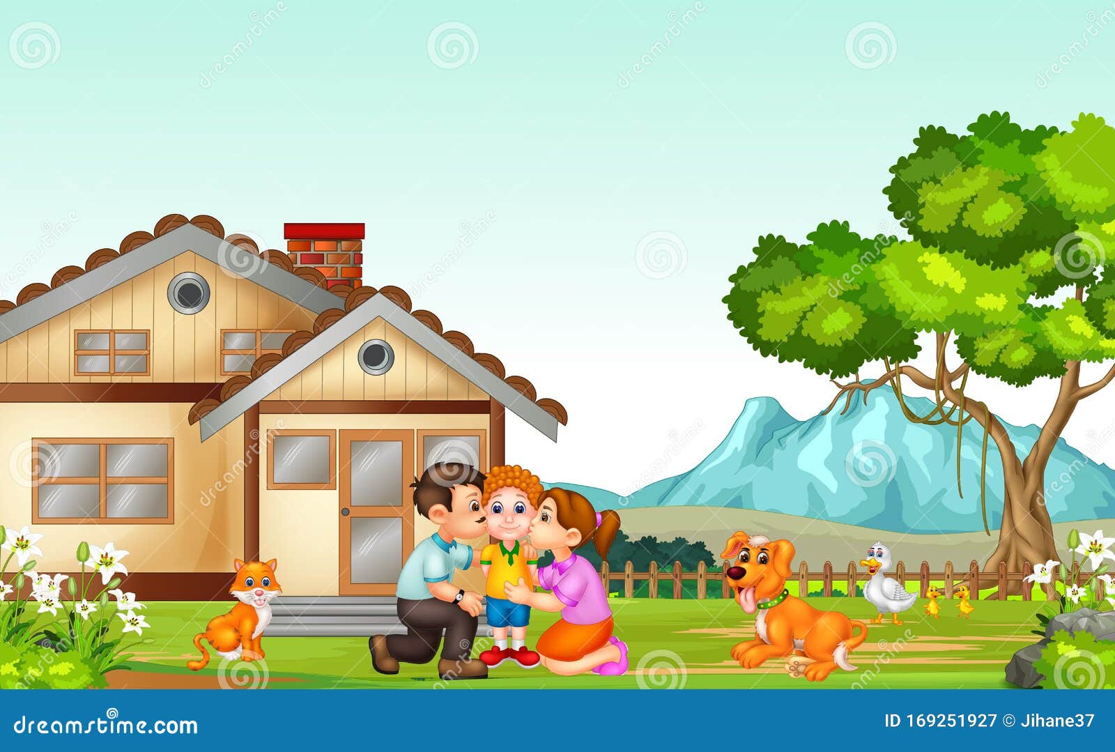 Happy Family Kissing Their Son with Dog, Cat, and Duck in Front of Wood House in Grass Field Cartoon Stock Illustration - Illustration of flower, eps10: 169251927 Happy Family Kissing Their Son with Dog, Cat, and Duck in Front of Wood House in Grass Field Cartoon Stock Illustration - Illustration of flower, eps10: 169251927