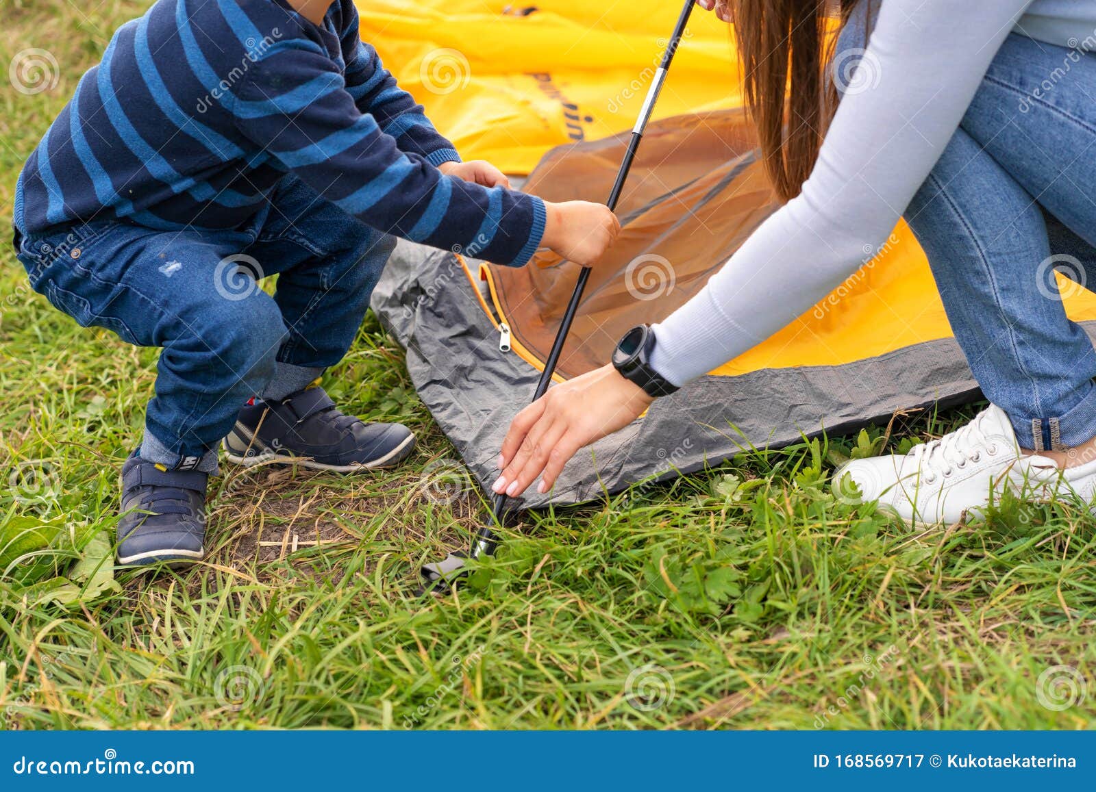 Happy Family with Little Son Set Up Camping Tent. Happy Childhood ...