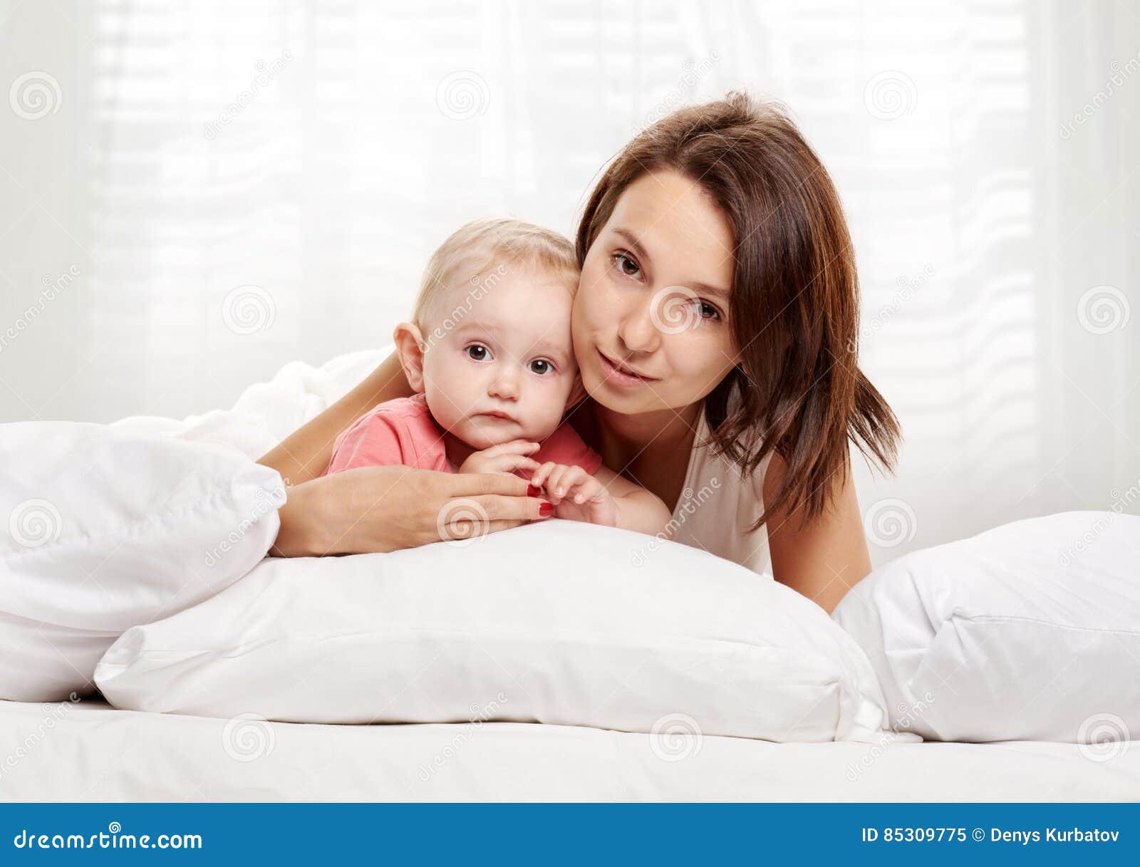 Happy Family Mother and Baby Having Fun on Bed Stock Image - Image of ...