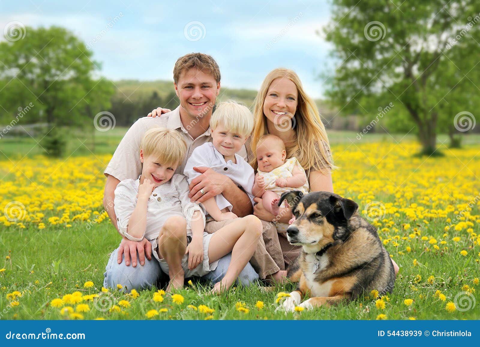 Download Happy Family And Pet Dog In Flower Meadow Stock Image - Image of adopted, happy: 54438939