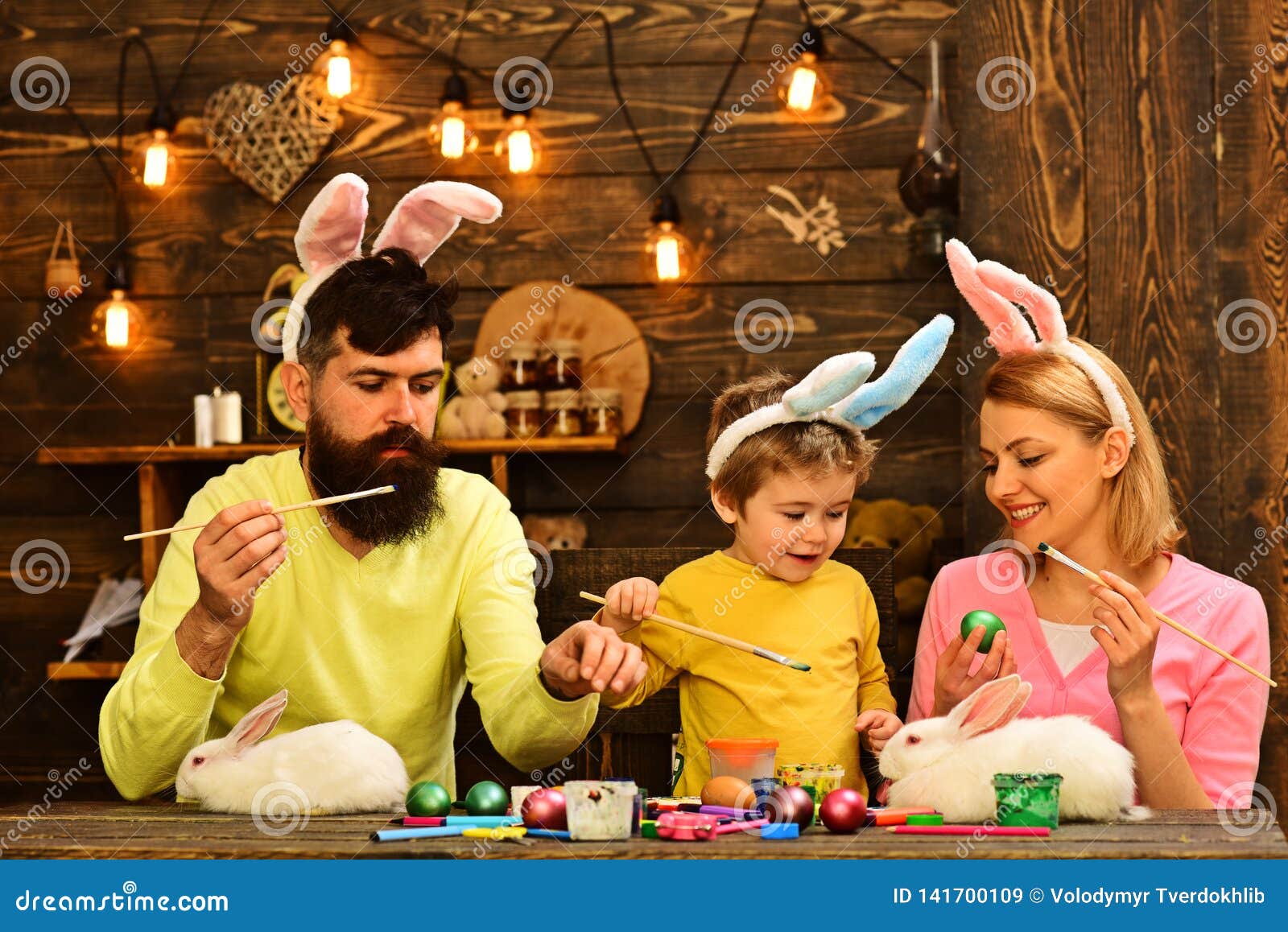 Happy Family Preparing For Easter. Easter Cards. Stock Image - Image of