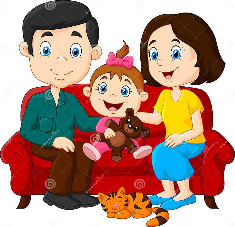 Happy Family Sitting on the Red Sofa Stock Vector - Illustration of ...