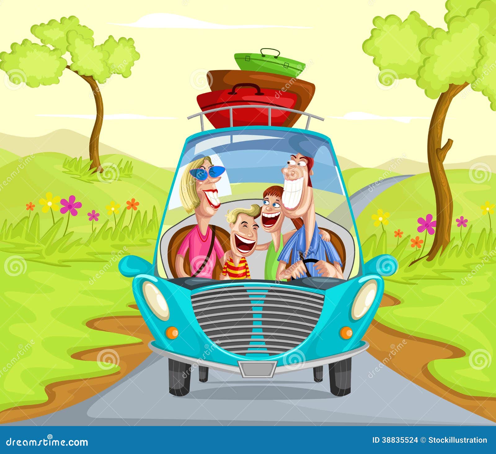 Happy family travelling in car going from trip