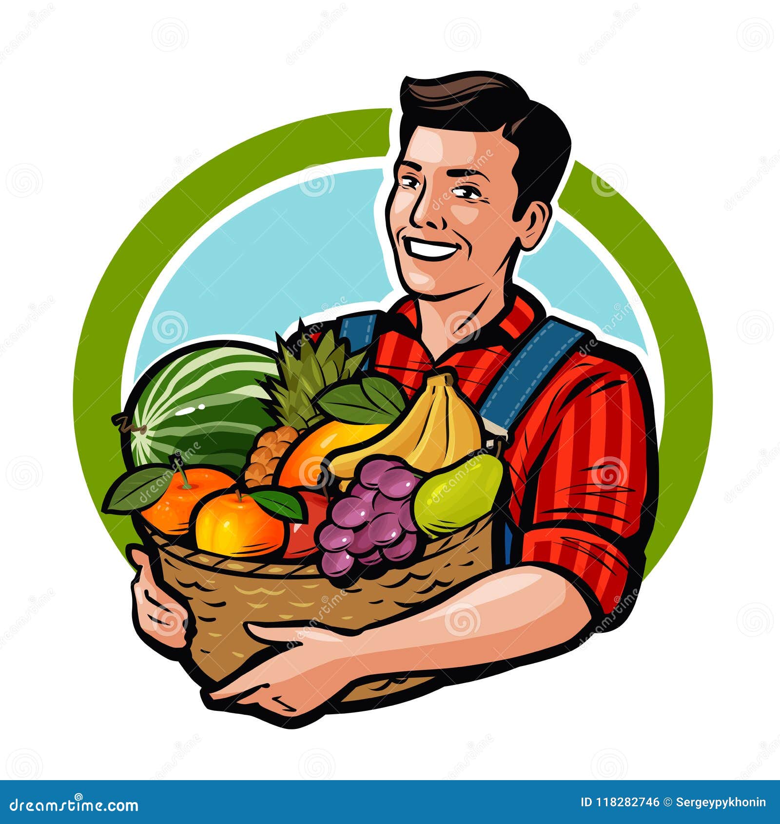 Happy Farmer Holding Wicker Basket Full of Fresh Fruits. Agriculture, Farm,  Harvest Concept. Cartoon Vector Illustration Stock Vector - Illustration of  happy, food: 118282746