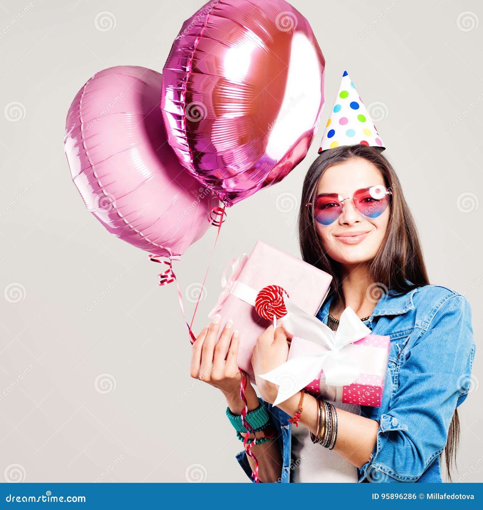 Happy Fashion Model Woman with Holiday Balloons and Birthday Gif ...
