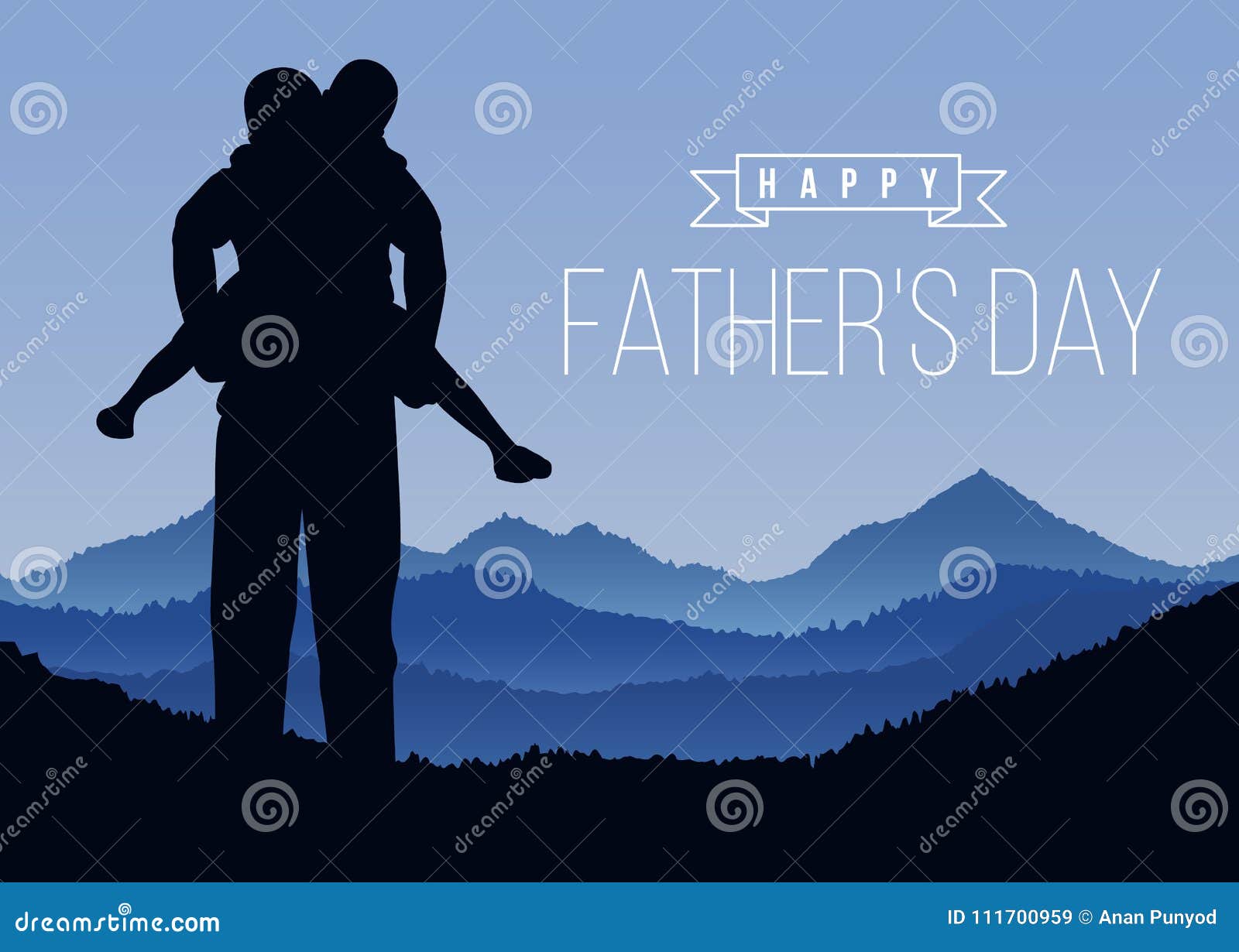 happy father day with silhouette son and his father at mountain peaks in blue tone  