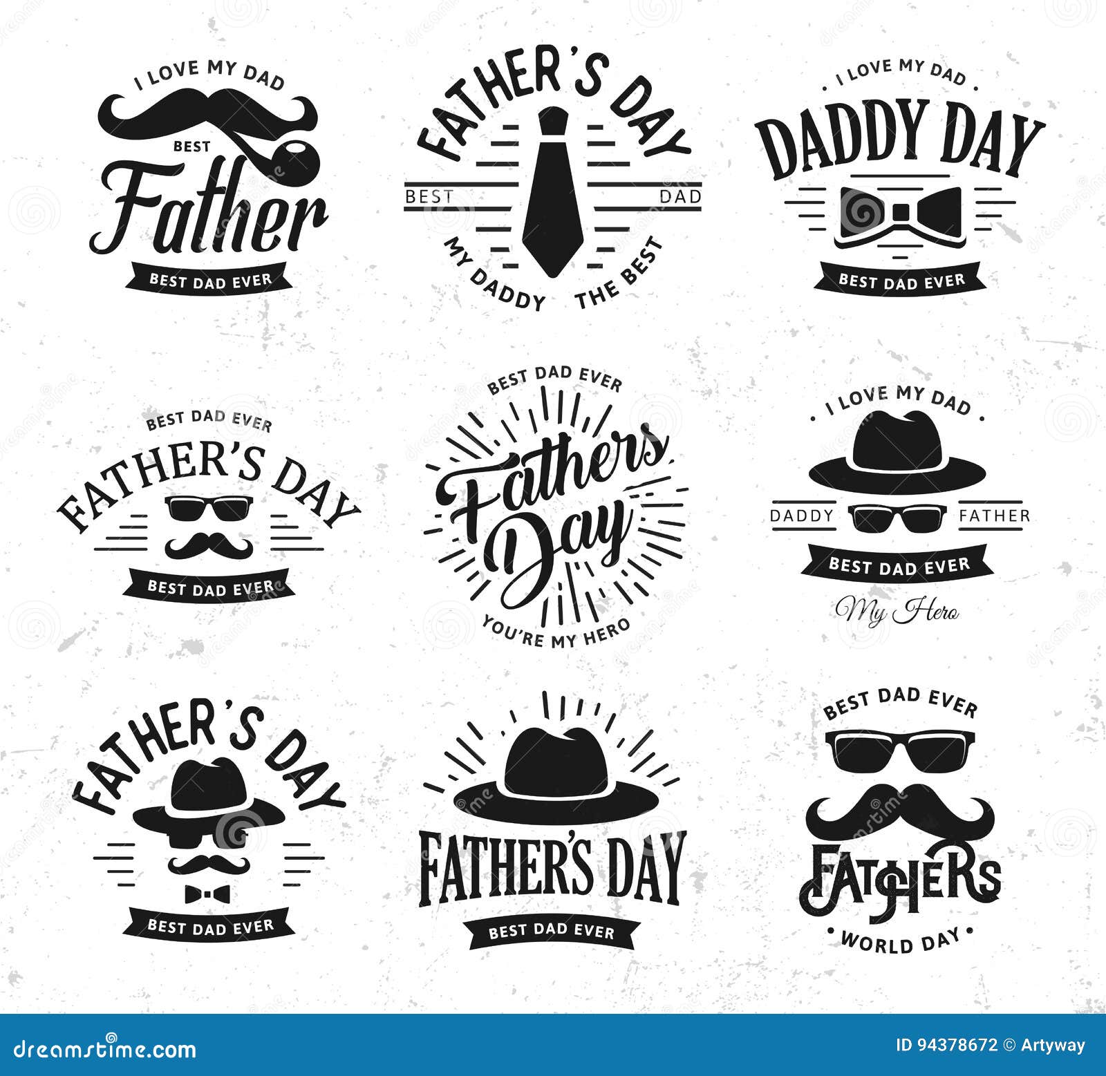 Happy Father`s Day Design Collection. Set of Black Color Vintage Style ...