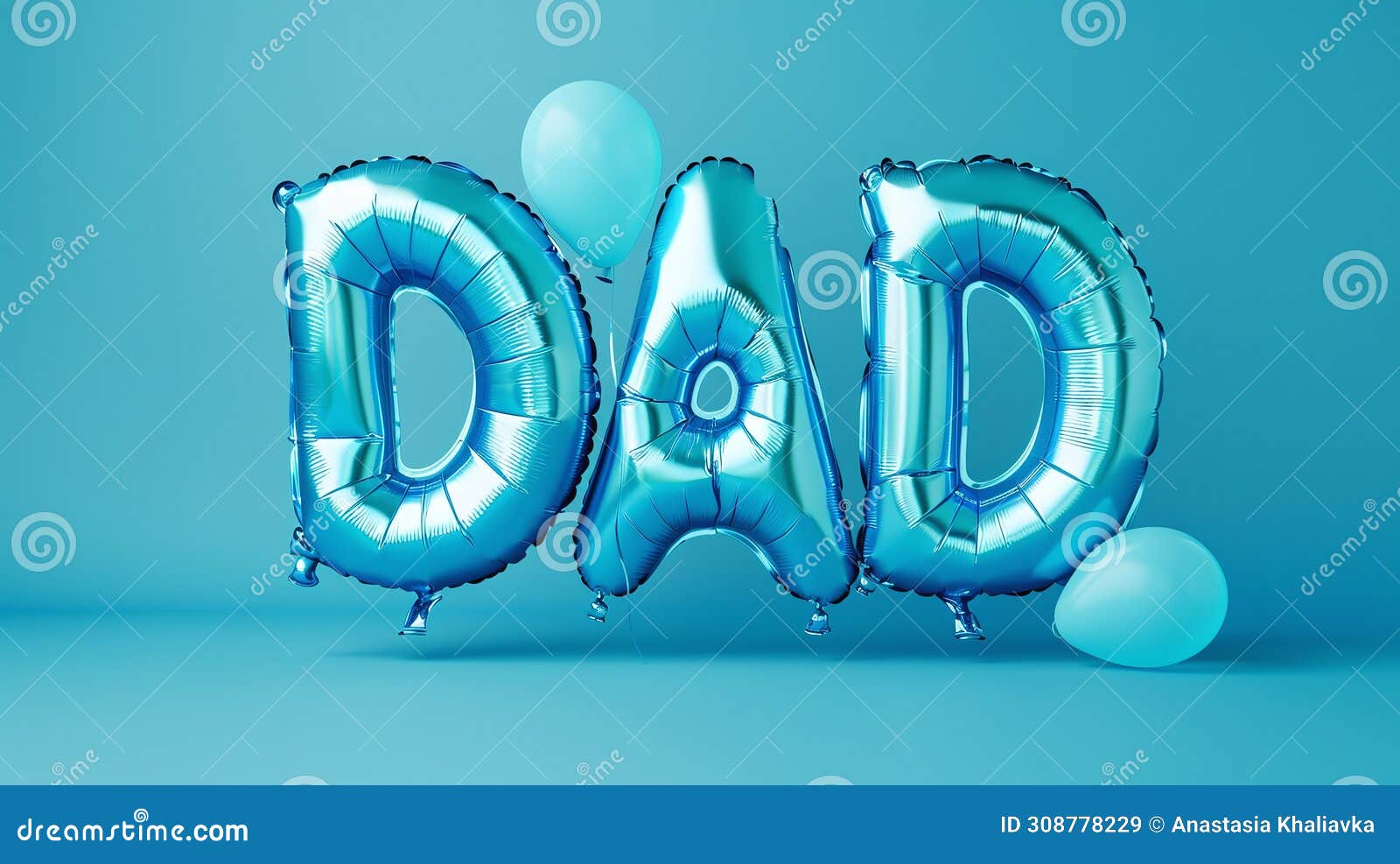 happy father's day. greeting cards, the word dad from blue balloons on a blue one-tone background