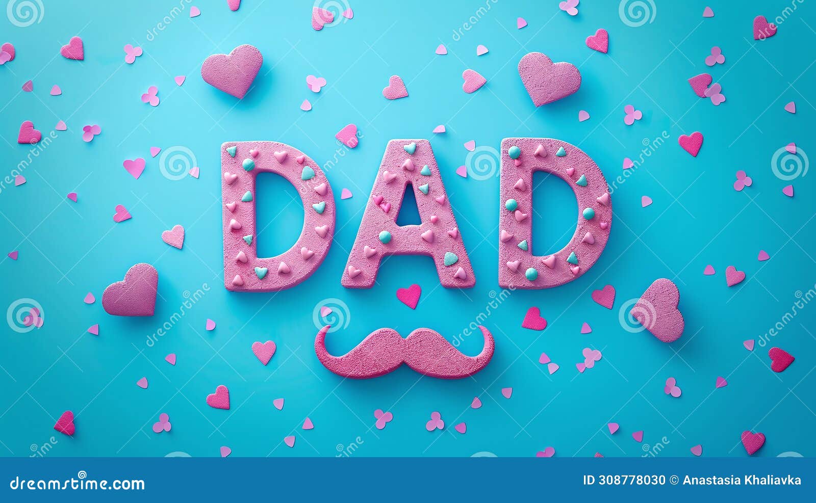 happy father's day. greeting cards, word dad from pink tree on blue one-tone background with hearts