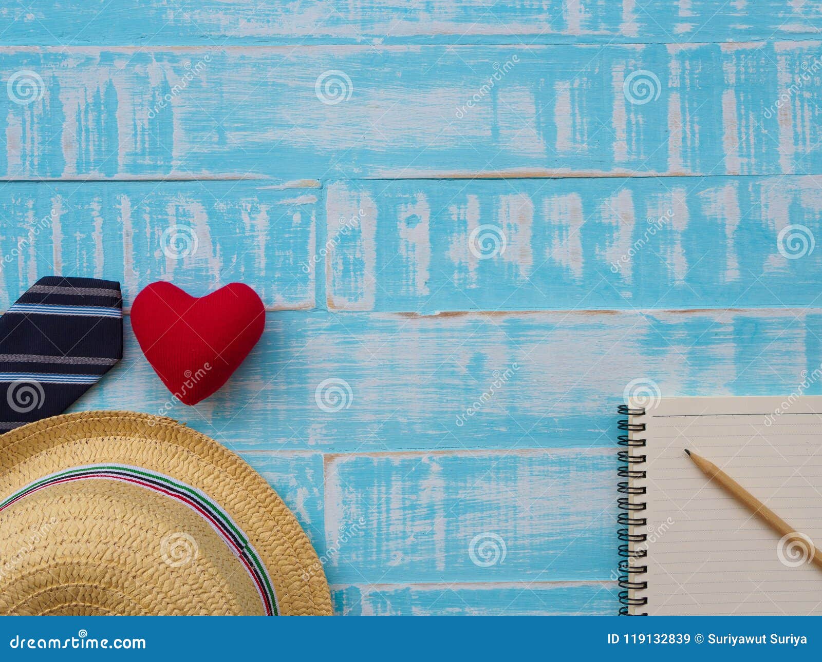 happy father`s day inscription with redheart, hat, necktie, note