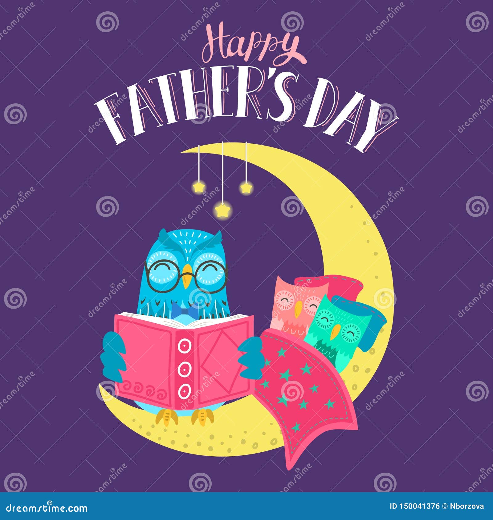happy father`s day. sweet charming owl reading book to owlets at night