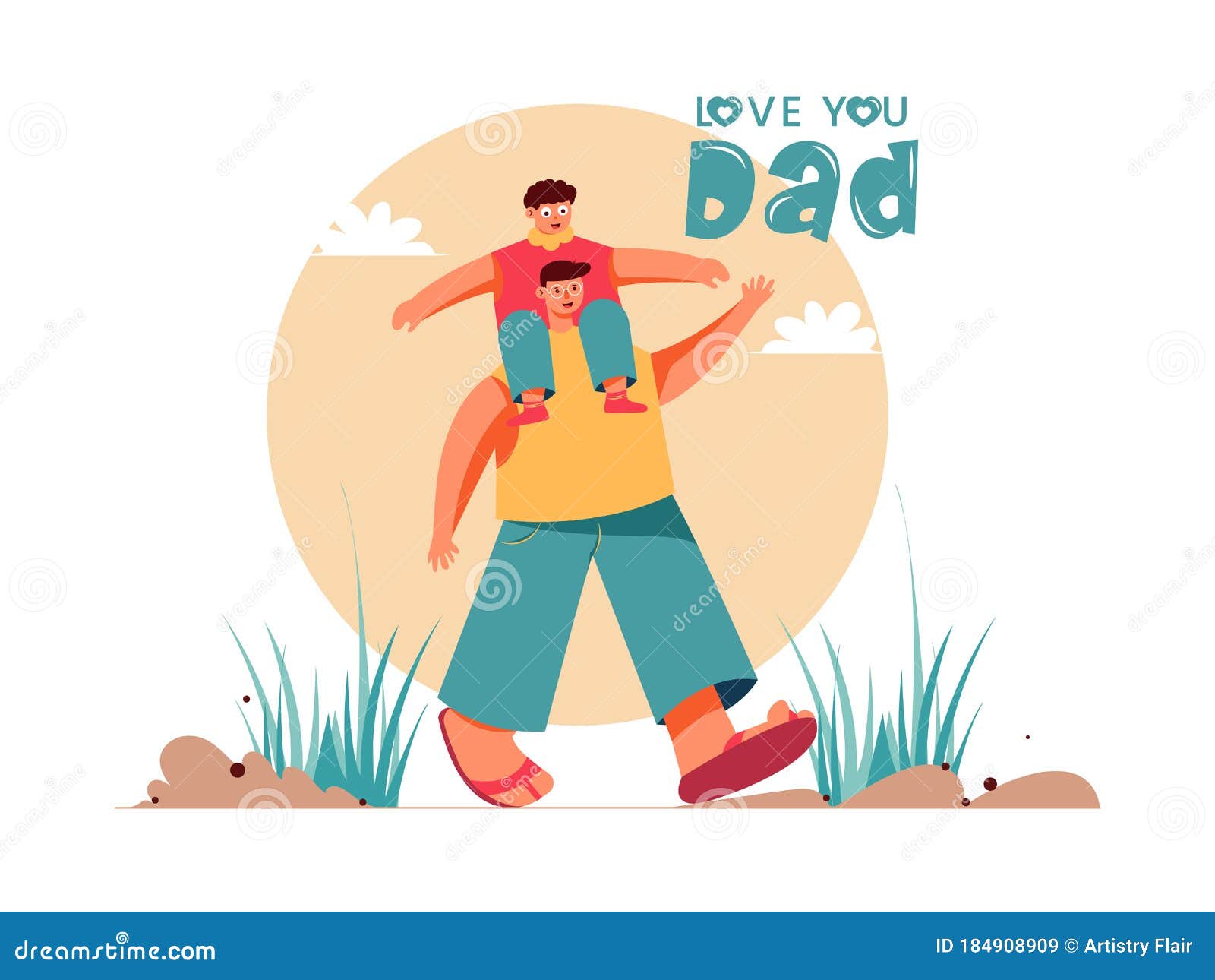 happy father`s day   abstract creative concept  with modern character, happy father and his son sitting o