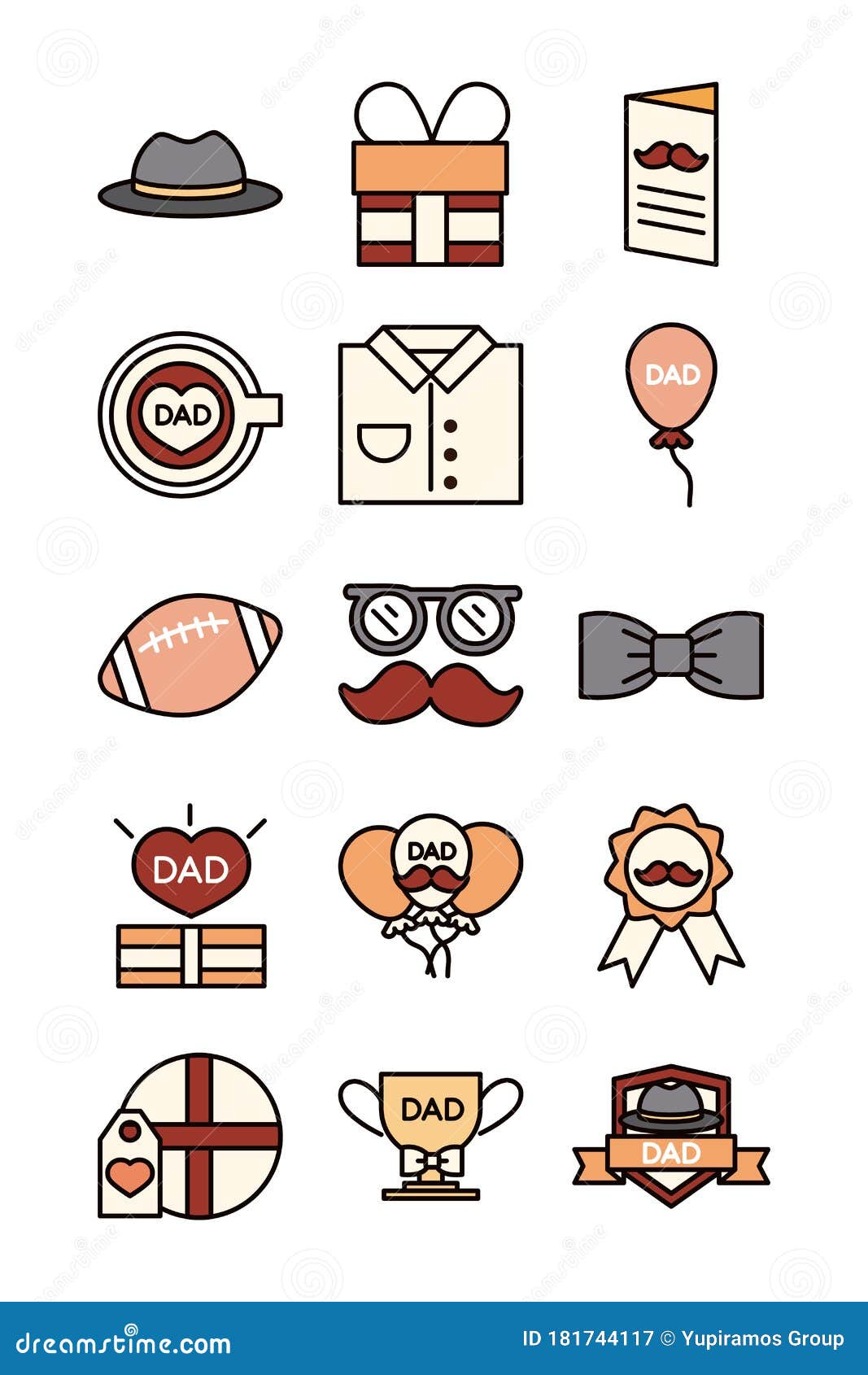 Happy Fathers Day, Celebration Accessories Party Icon Set Line and Fill Icon Vector - Illustration of time, line: 181744117