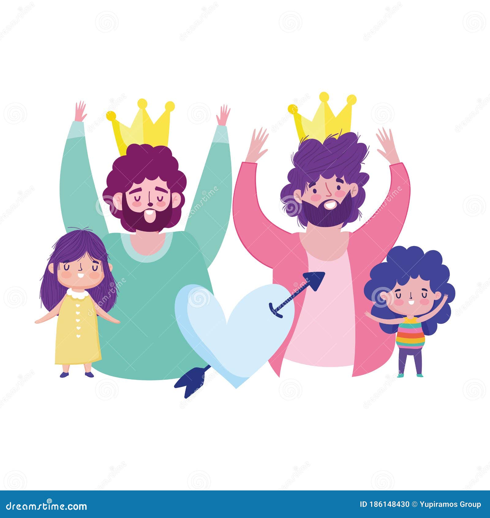 Happy Fathers Day, Dads with Crowns Daughter and Son Heart Love Cartoon ...