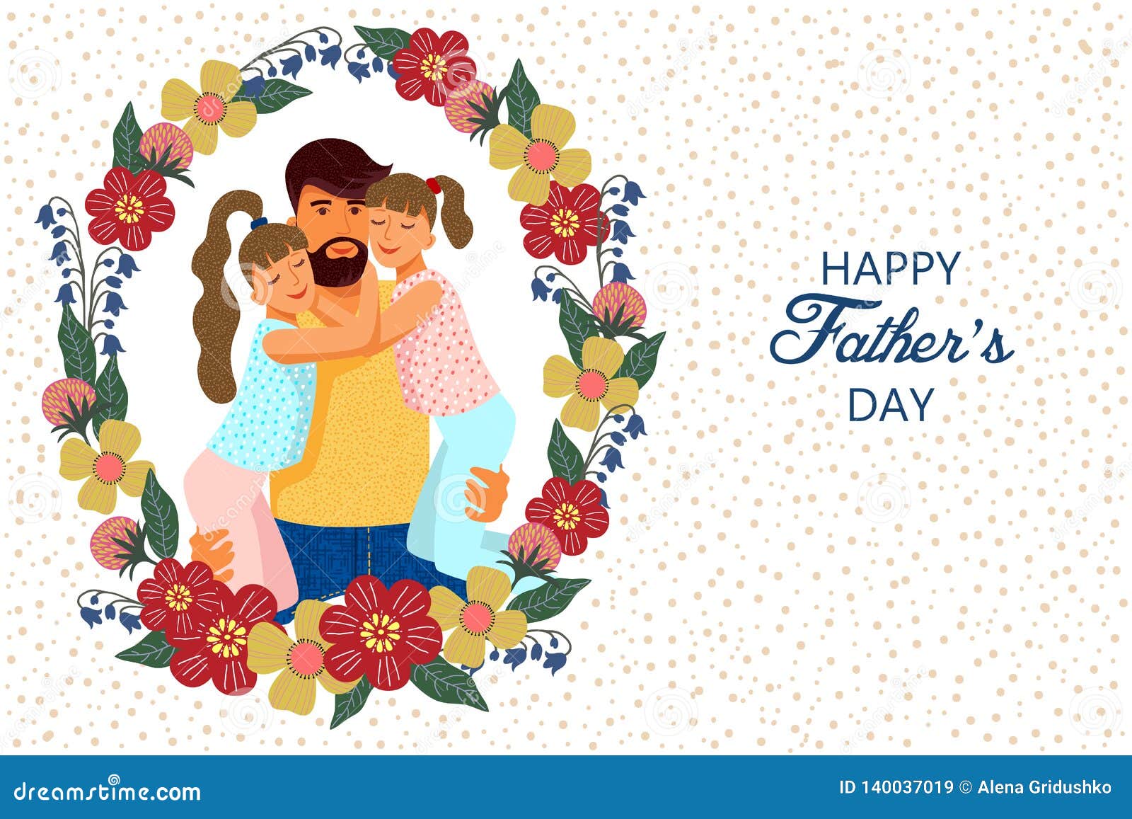Happy Fathers Day. Wreath with Cute Flat Cartoon Father and Two ...
