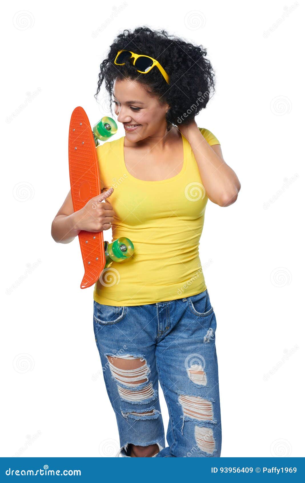 Happy Female in Distressed Jeans with Skateboard Stock Image - Image of ...