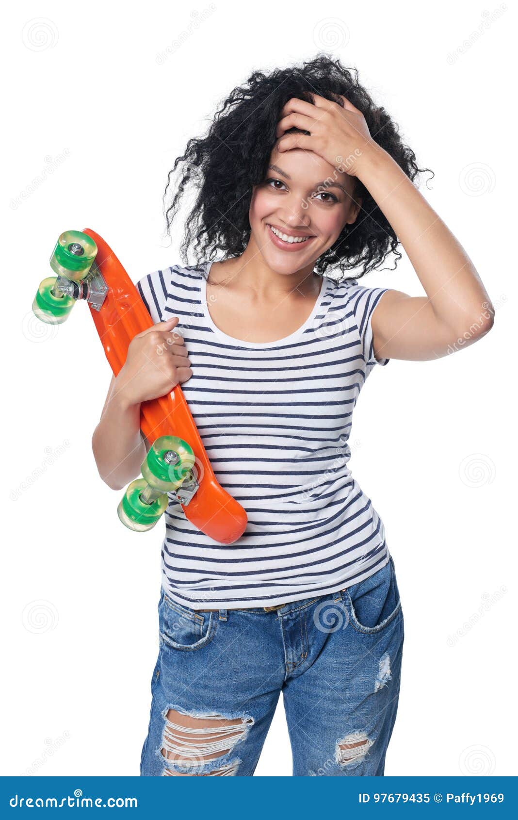 Happy Female in Distressed Jeans with Skateboard Stock Image - Image of ...