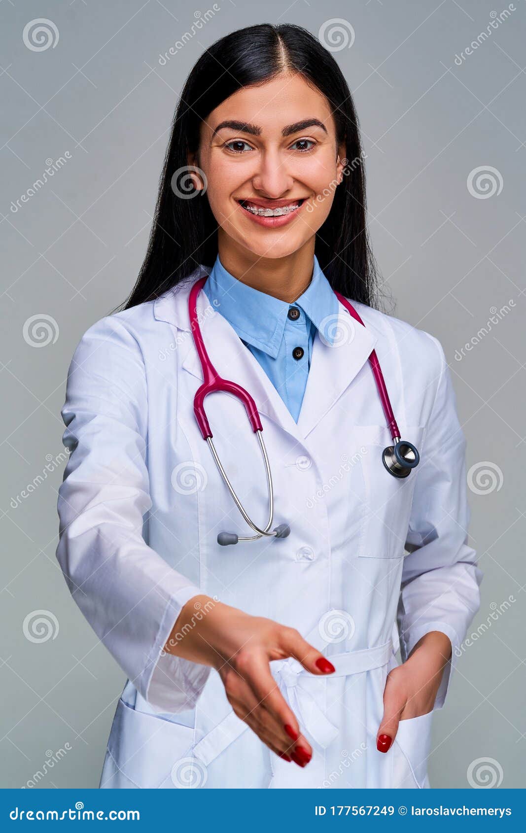 Happy Female Doctor with a Phonendoscope on Her Neck Giving a Hand. Medical  Concept Stock Image - Image of healthcare, medicine: 177567249