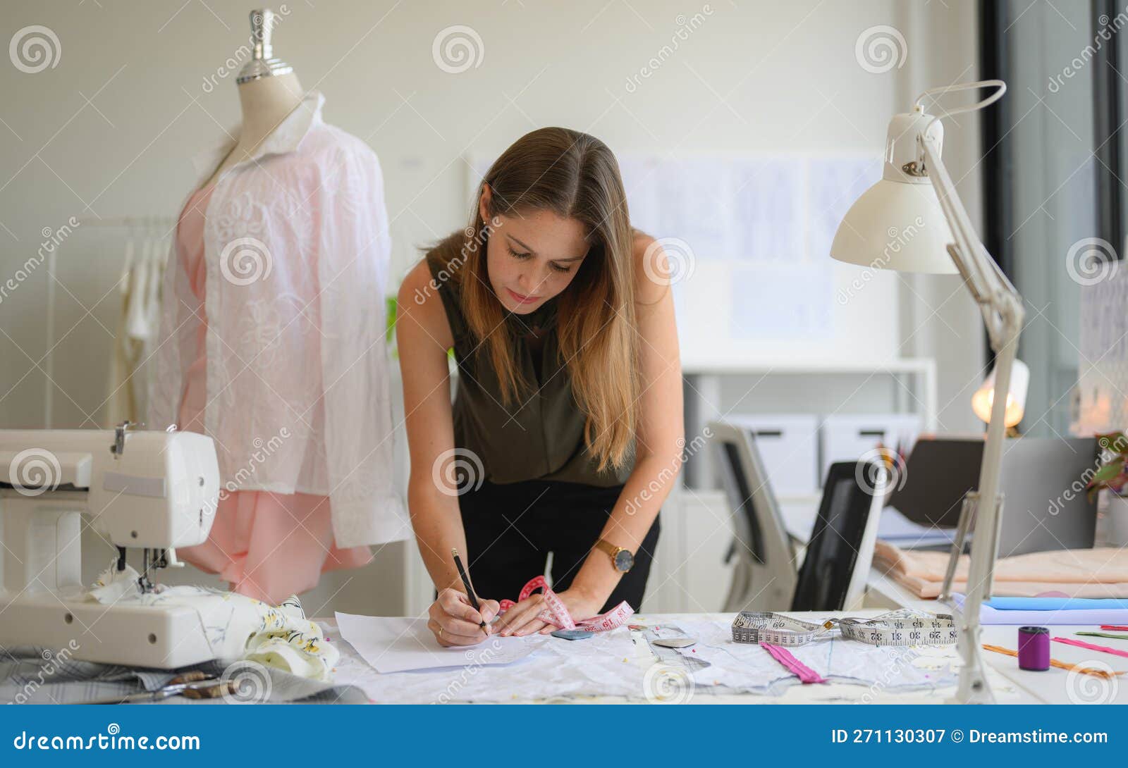 Happy Female Dressmaker Working in Workshop Studio Stock Image - Image ...