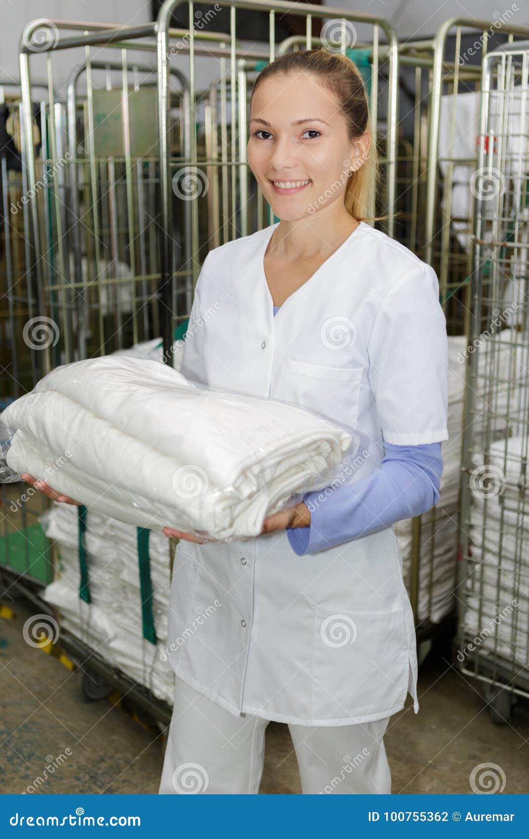 Happy Female Laundry Worker at Dry Cleaners Stock Photo Image of heap