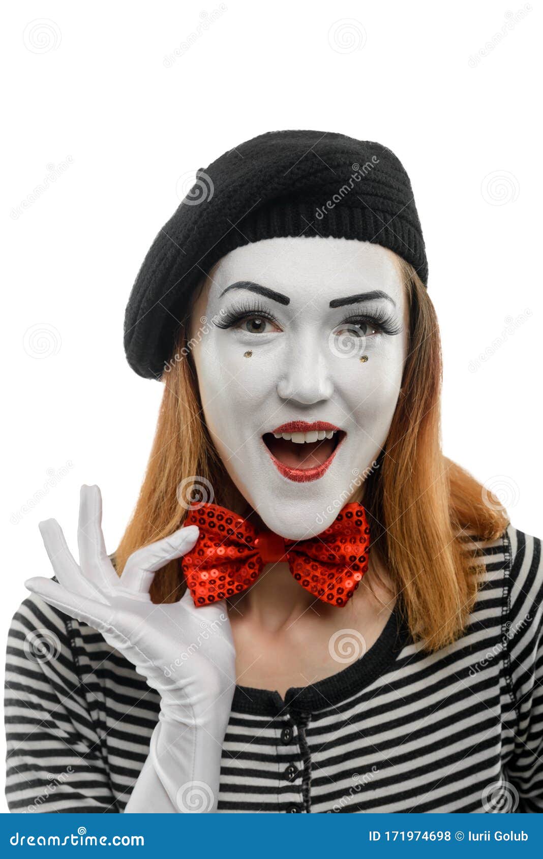 Happy Female Mime Artist, Isolated on White Stock Photo - Image of ...