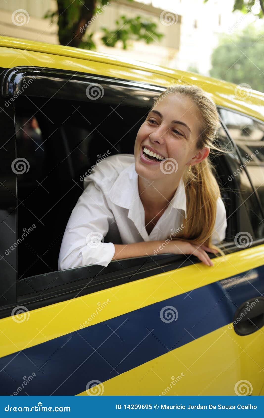 Happy Female Passenger Inside Of A Taxi Stock Image Image Of