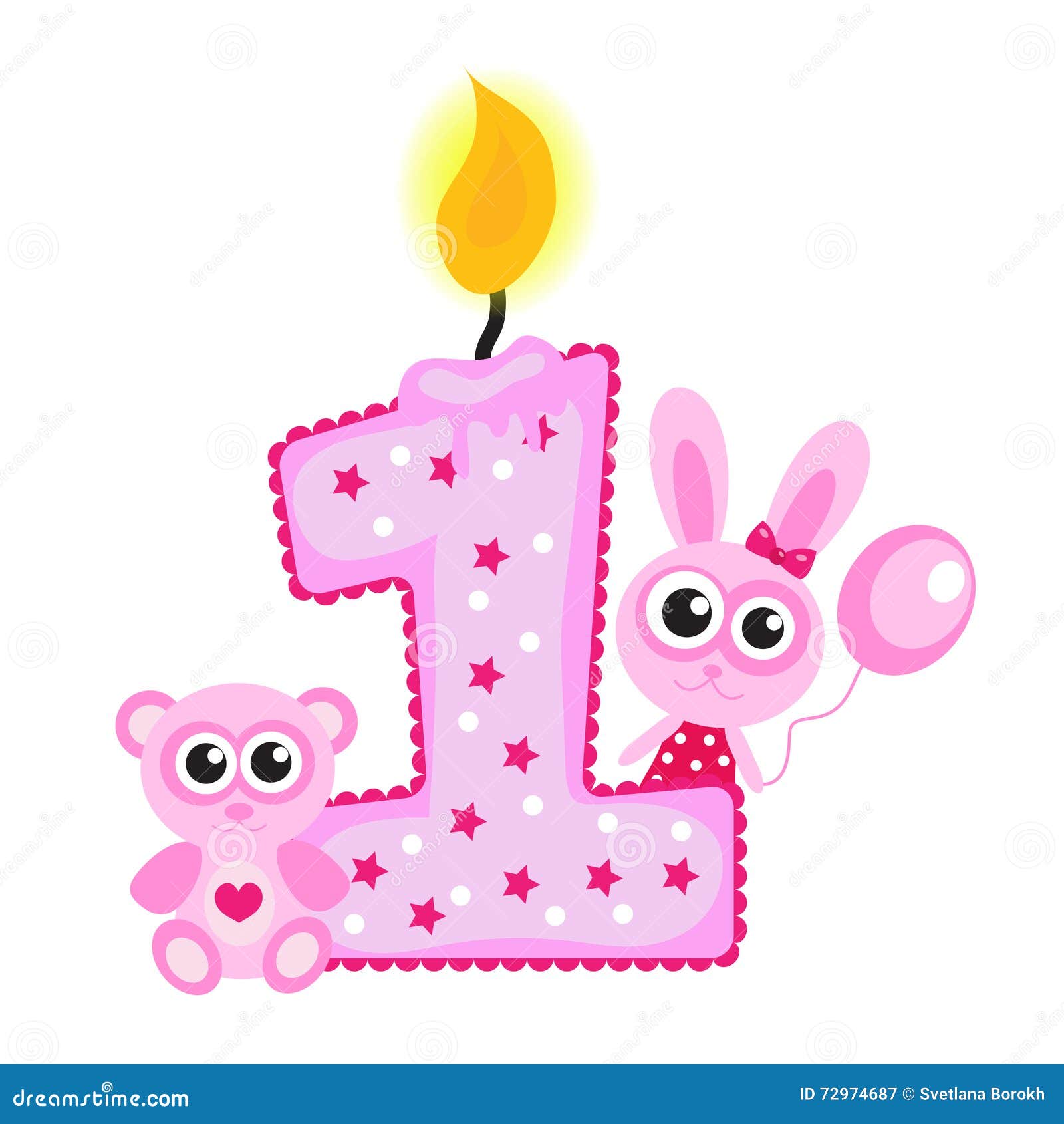 Happy First Birthday Candle and Animals on White. Pink Card, Stock ...