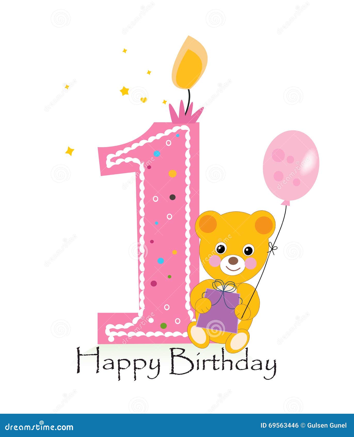 Happy First Birthday Candle. Baby Birthday Greeting Card with Teddy ...