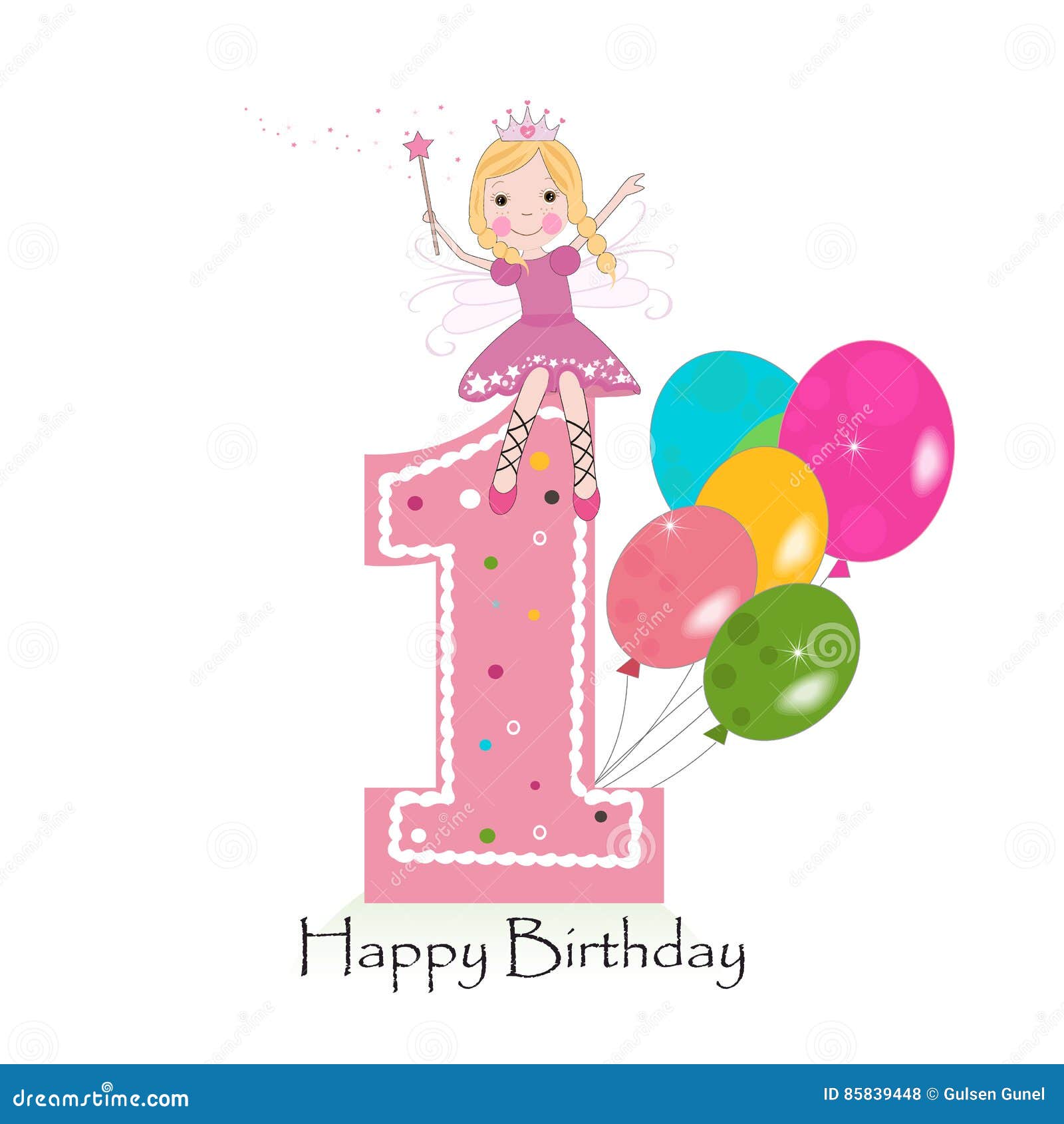 Happy First Birthday Greeting Card with Cute Fairy Tale Stock Vector ...