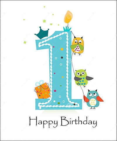 Happy First Birthday with Owls Baby Boy Greeting Card Vector Stock ...