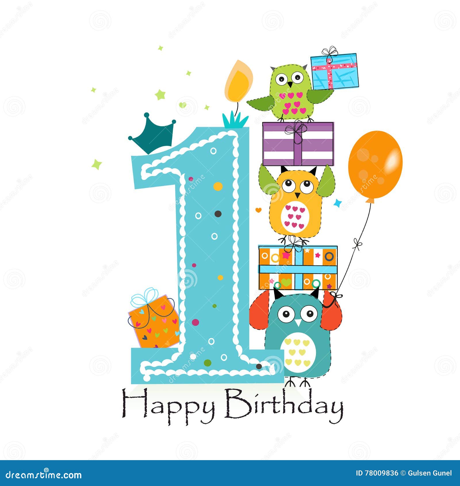 Happy First Birthday With Owls And Gift Box Baby Boy Birthday