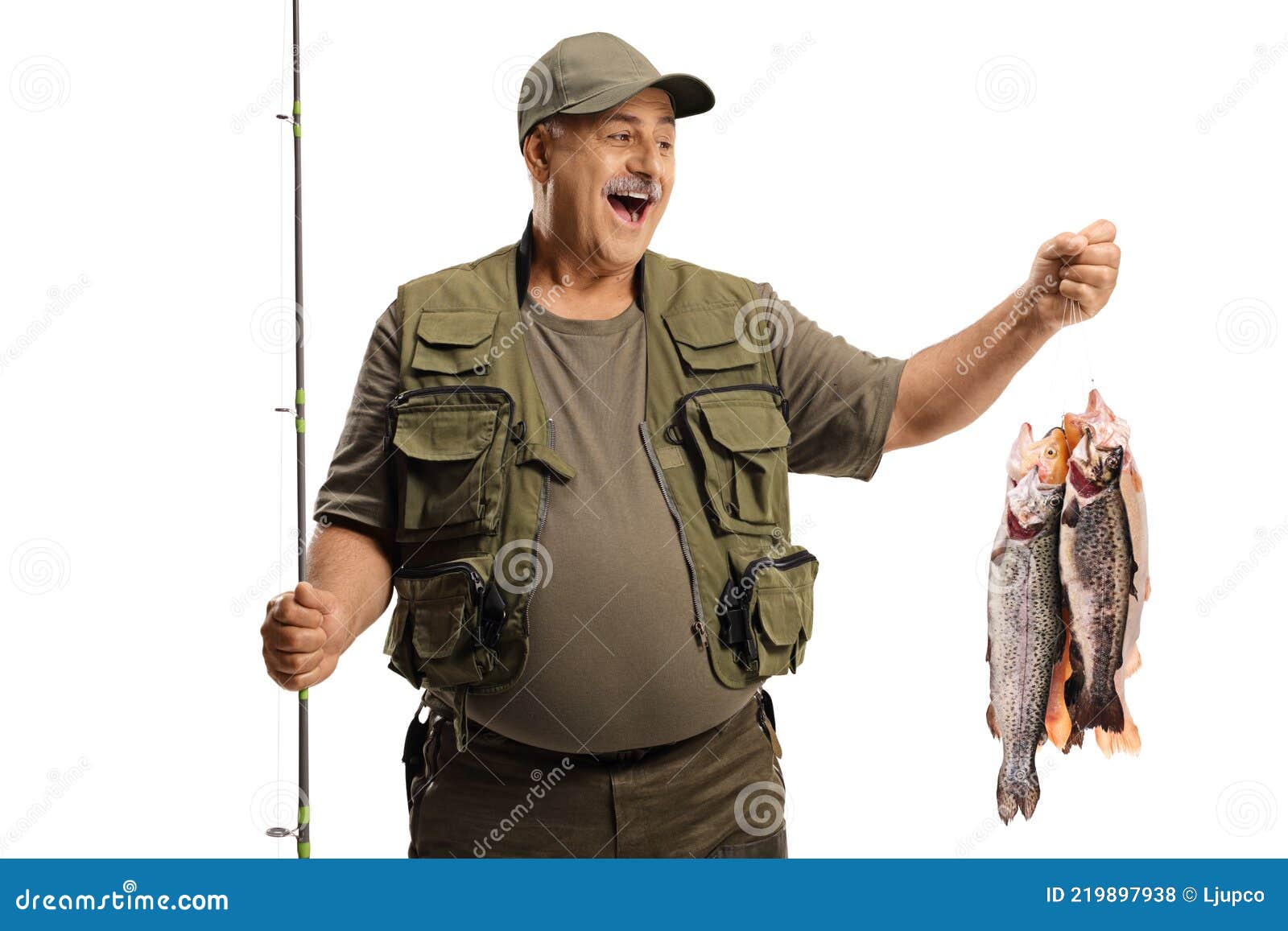 Happy Fisherman Holding Many Fish on a Hook Stock Photo - Image of
