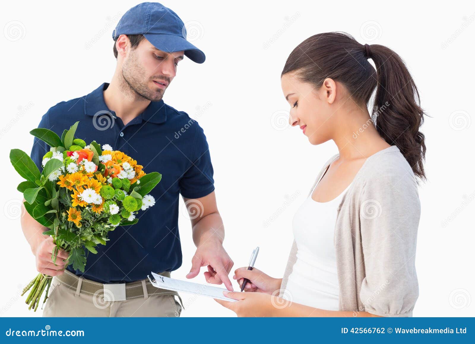 Happy Flower Delivery Man with Customer Stock Photo Image of background, woman 42566762