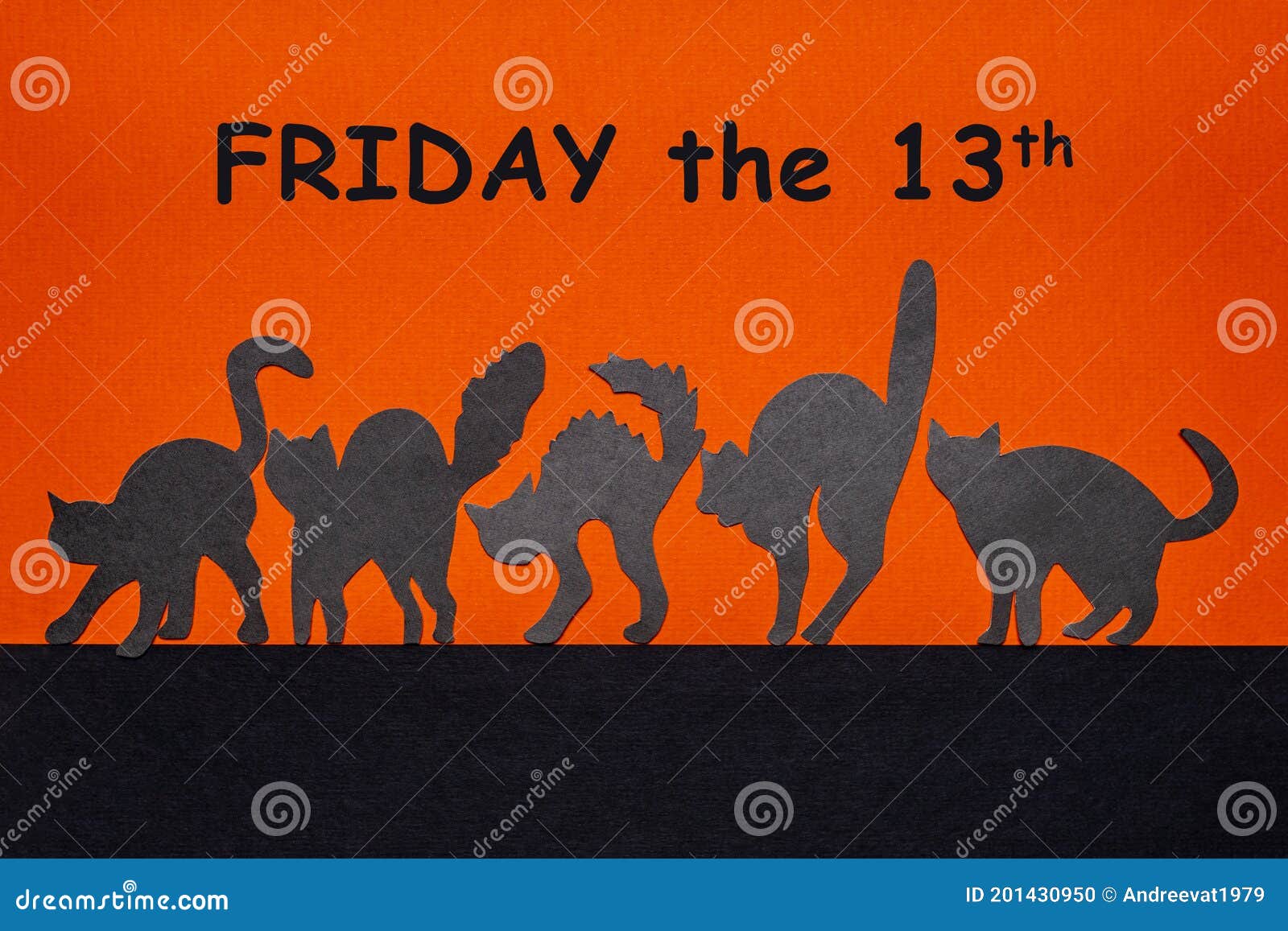 Happy Friday the 13. Black funny wild cat silhouettes on orange and black background. Day of bad luck, failure, horror concept.