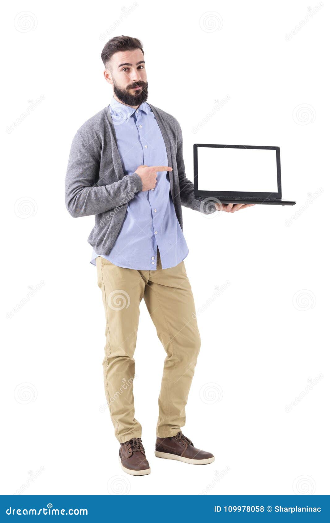 Happy Friendly Stylish Man Advertising Blank White Laptop Screen Stock ...