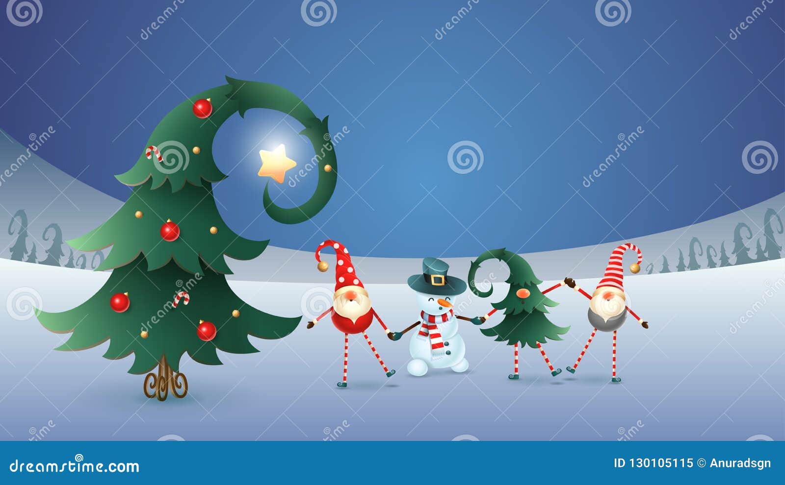 happy friends celebrate winter solstice, christmas and new year. scandinavian gnomes and snowman with decorated christmas tree. bl