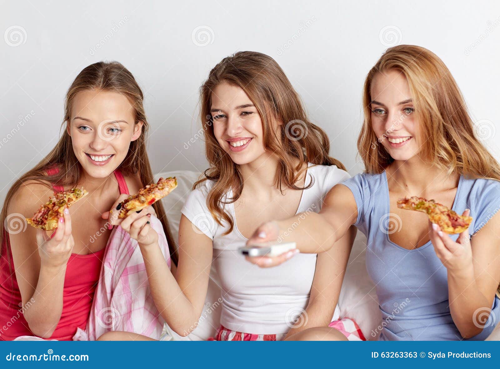 Happy Friends Eating Pizza and Watching Tv at Home Stock Image - Image ...