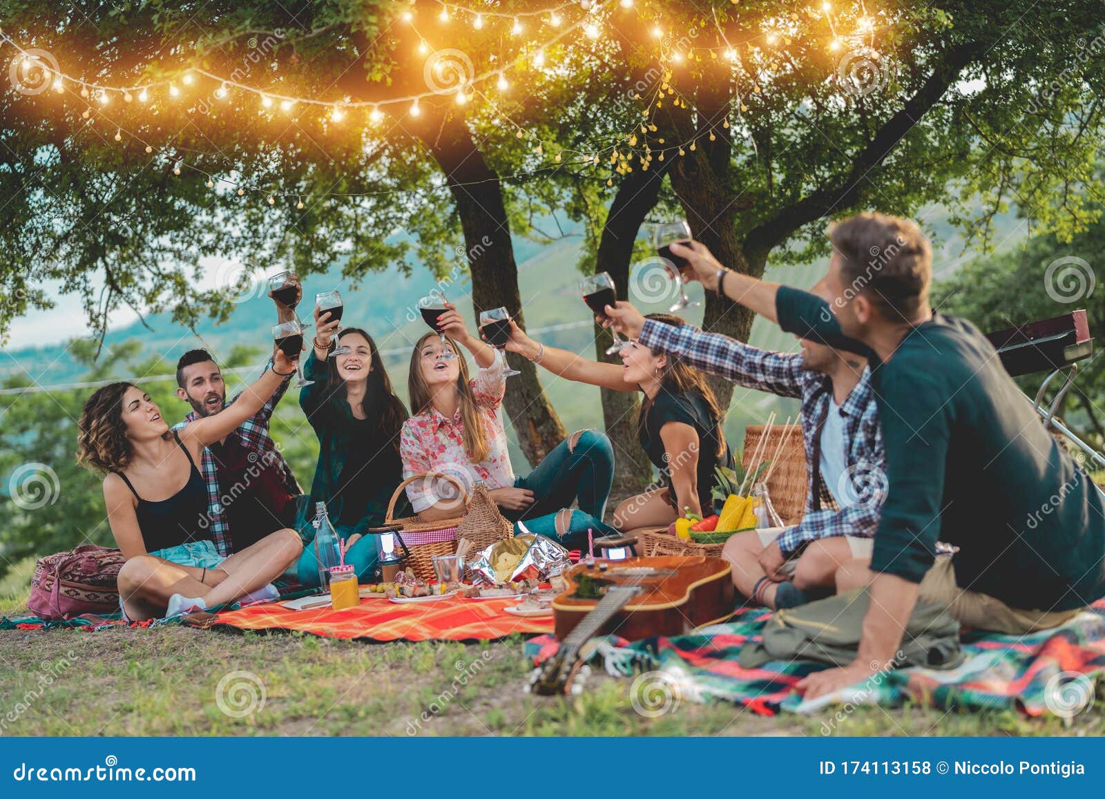 Happy Friends Having Fun at Picnic Dinner with Vintage Lights Outdoor Next Vineyard - Cheering Red Wine on Stock Photo - Image of cheering: 174113158