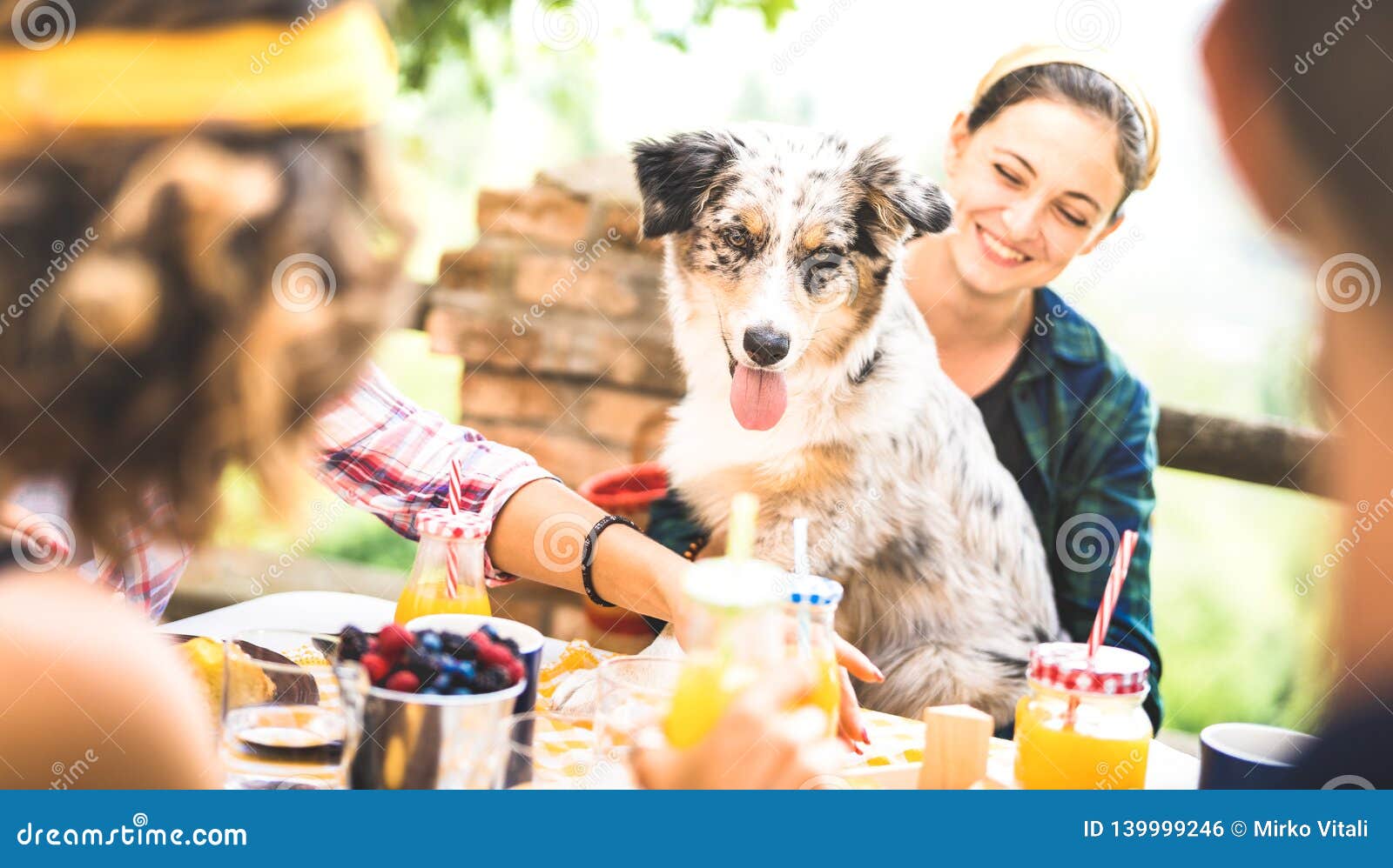 happy friends having healthy pic nic breakfast at countryside farm house - young people millennials with cute dog having fun