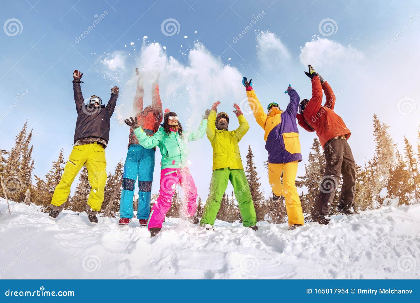 Happy Friends Skiers and Snowboarders Having Fun Stock Photo - Image of ...